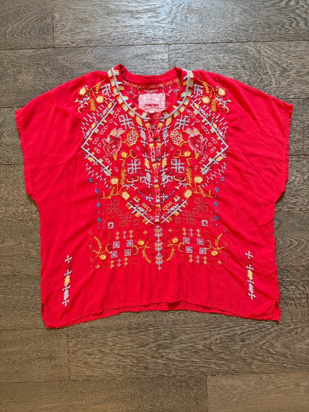 Johnny Was Red Embroidered Poncho Tunic Top  Size Small Boho